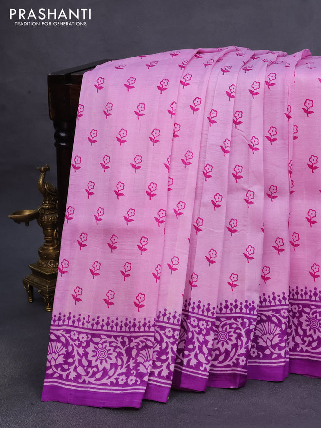 Bishnupuri silk saree lotus pink and purple with floral butta prints and printed border