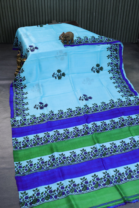 Bishnupuri silk saree light blue and blue with butta prints and printed border