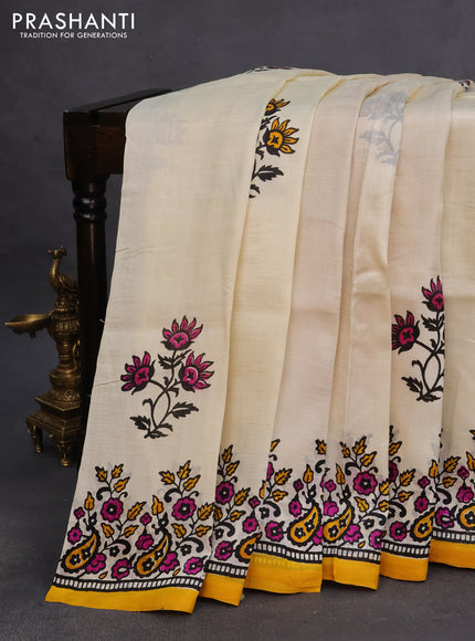 Bishnupuri silk saree cream and yellow with butta prints and printed border