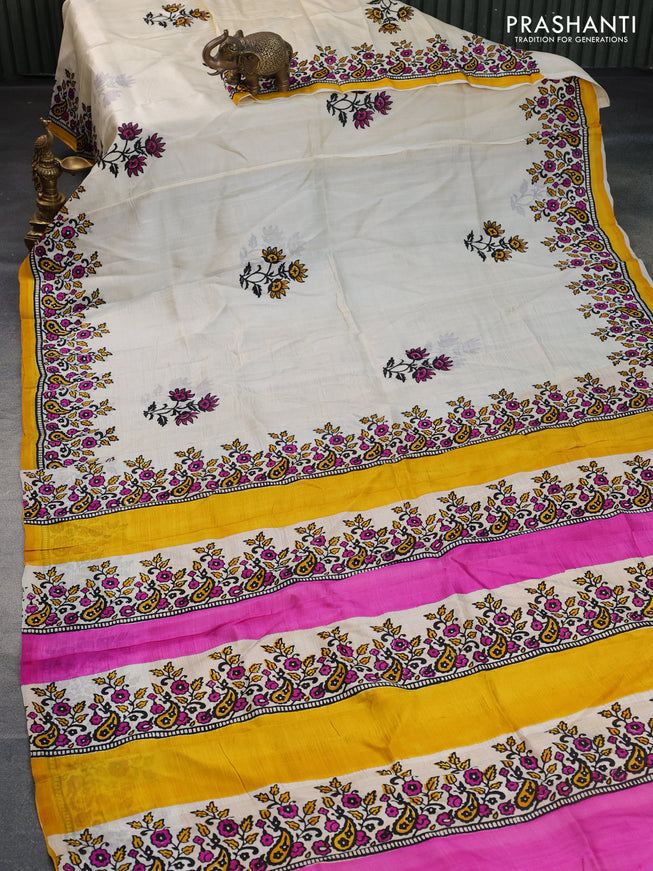 Bishnupuri silk saree cream and yellow with butta prints and printed border