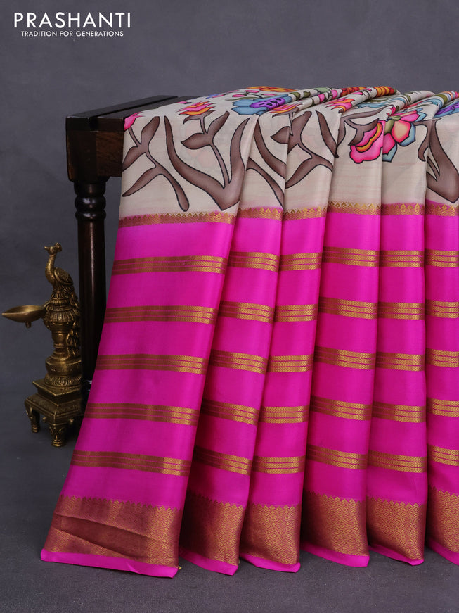 Mysore silk saree beige and pink with allover kalamkari digital prints and long zari woven border