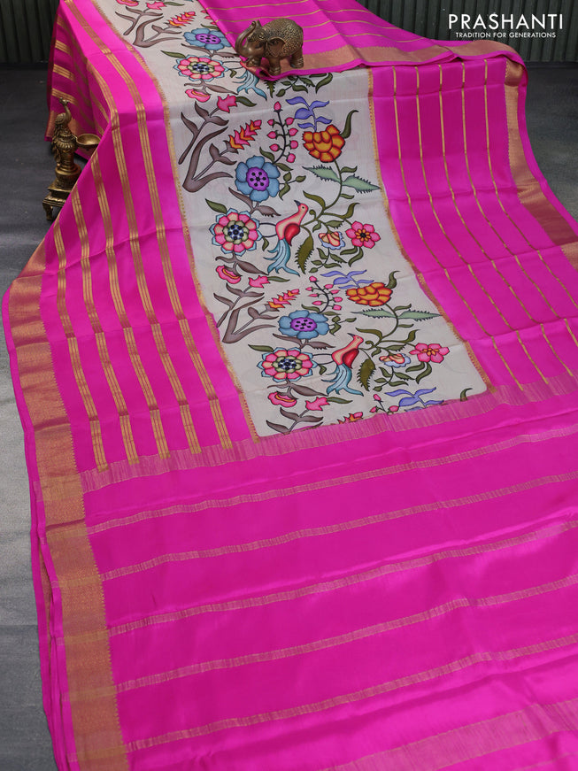 Mysore silk saree beige and pink with allover kalamkari digital prints and long zari woven border