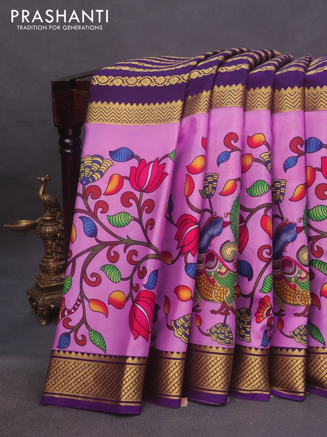 Mysore silk saree lavender shade and purple with allover kalamkari digital prints & zari weaves and zari woven border