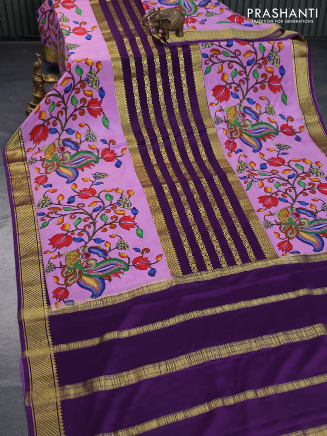 Mysore silk saree lavender shade and purple with allover kalamkari digital prints & zari weaves and zari woven border