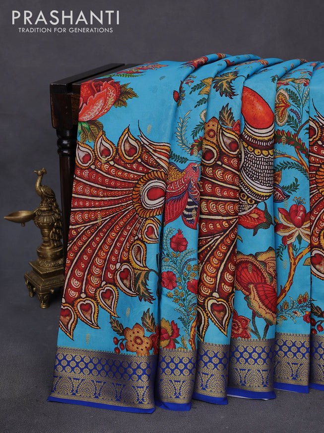 Mysore silk saree light blue and blue with allover kalamkari digital prints & zari buttas and zari woven border