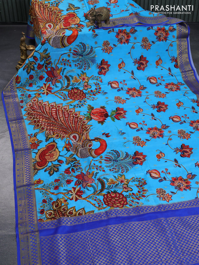 Mysore silk saree light blue and blue with allover kalamkari digital prints & zari buttas and zari woven border