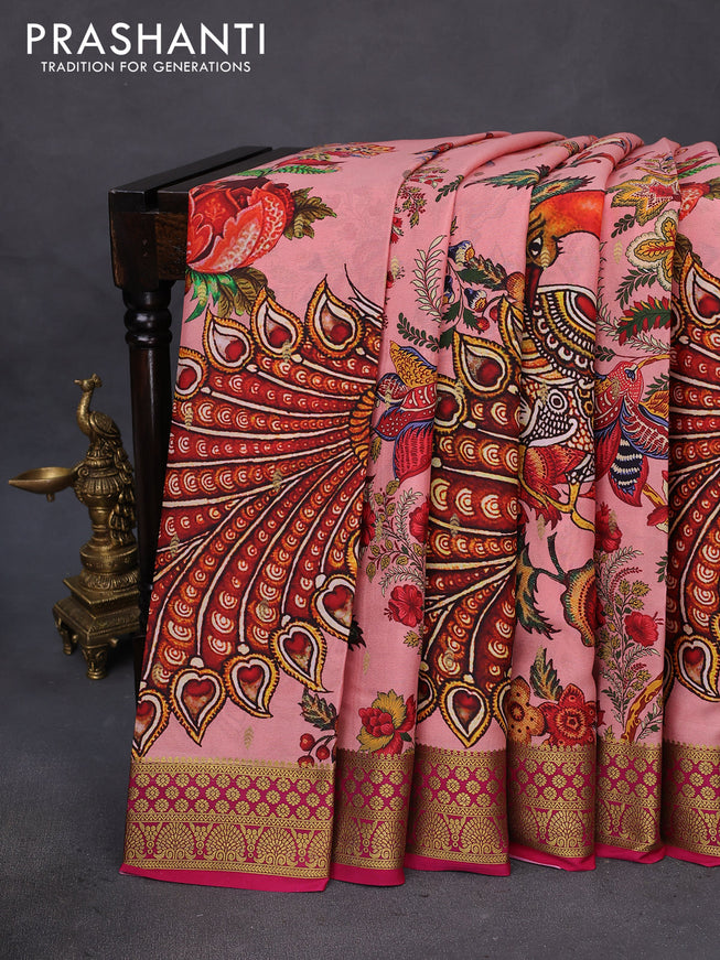 Mysore silk saree peach shade and pink with allover kalamkari digital prints & zari buttas and zari woven border