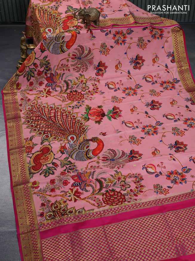 Mysore silk saree peach shade and pink with allover kalamkari digital prints & zari buttas and zari woven border