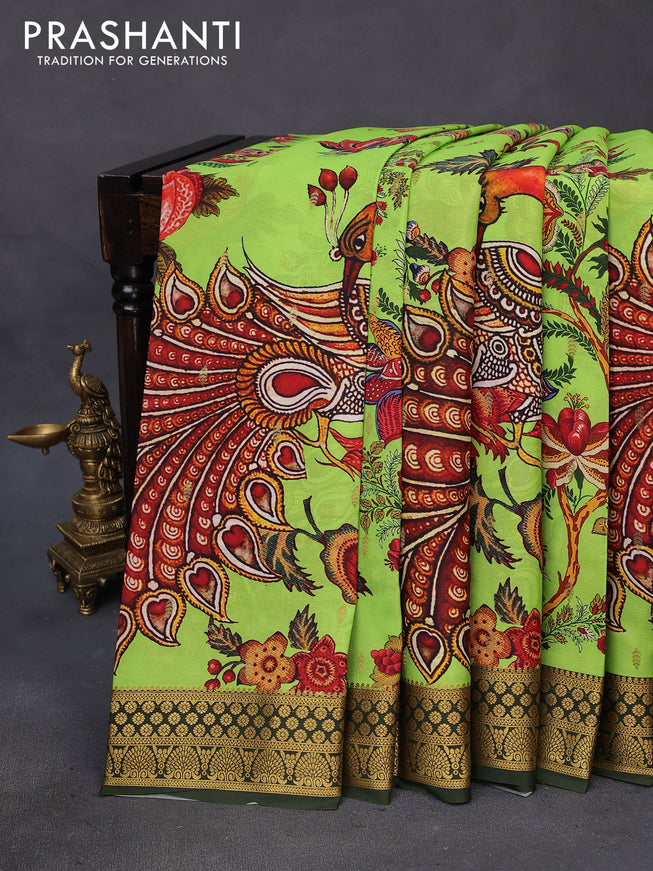 Mysore silk saree fluorescent green and sap green with allover kalamkari digital prints & zari buttas and zari woven border