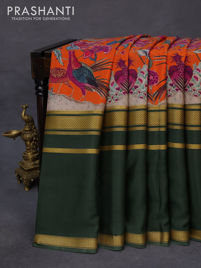 Mysore silk saree orange and sap green with allover kalamkari digital prints & zari buttas and long rettapet zari woven border