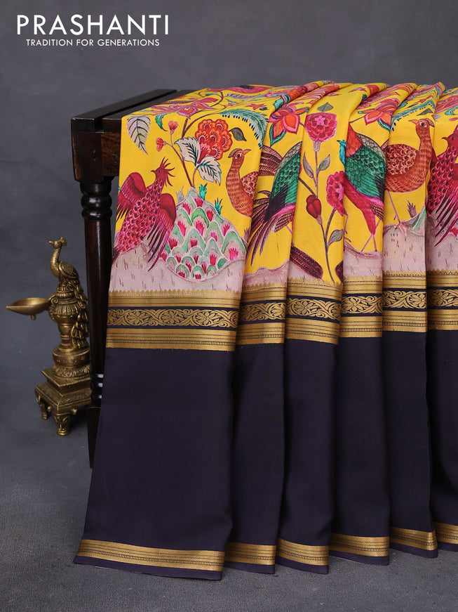 Mysore silk saree yellow and deep navy blue with allover kalamkari digital prints & zari buttas and long rettapet zari woven border