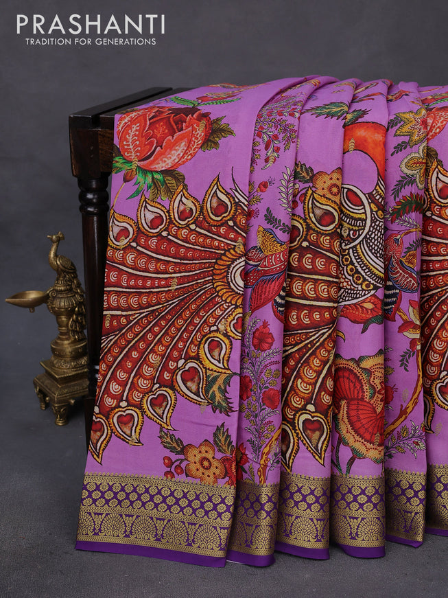 Mysore silk saree purple and violet with allover kalamkari digital prints & zari buttas and zari woven border