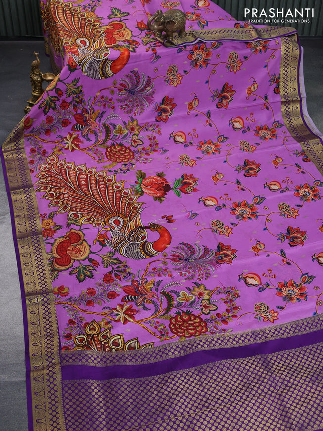 Mysore silk saree purple and violet with allover kalamkari digital prints & zari buttas and zari woven border