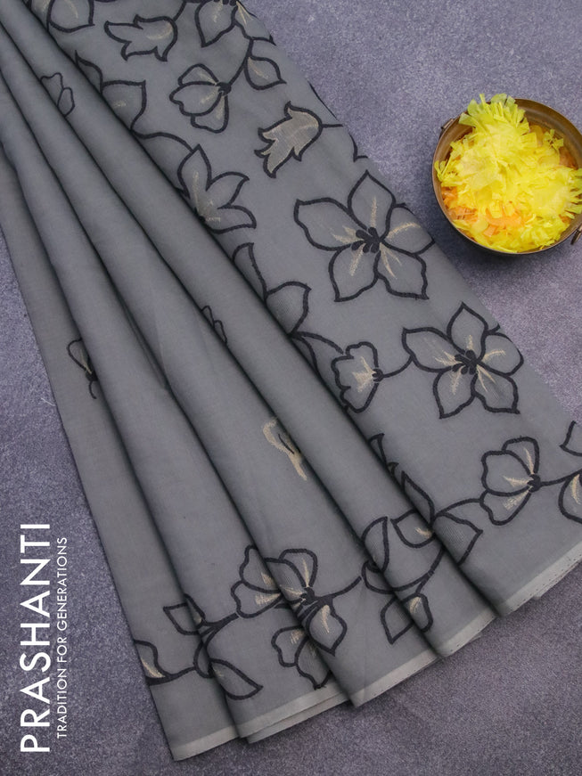 Munga cotton saree grey with thread & zari woven floral buttas and floral design thread woven border