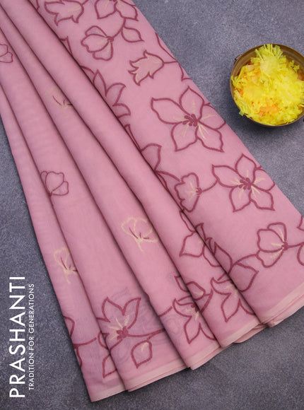 Munga cotton saree pastel pink with thread & zari woven floral buttas and floral design thread woven border