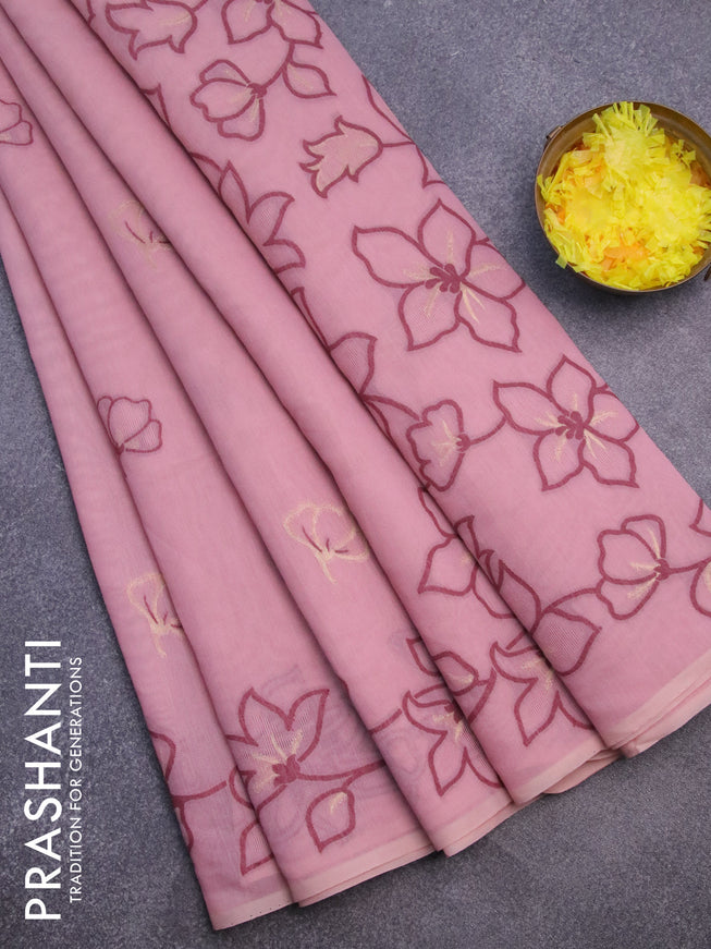 Munga cotton saree pastel pink with thread & zari woven floral buttas and floral design thread woven border