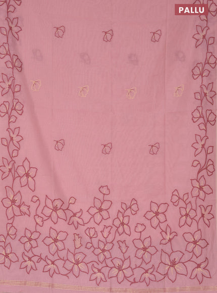 Munga cotton saree pastel pink with thread & zari woven floral buttas and floral design thread woven border