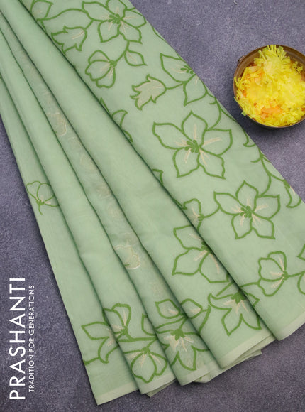 Munga cotton saree pista green with thread & zari woven floral buttas and floral design thread woven border