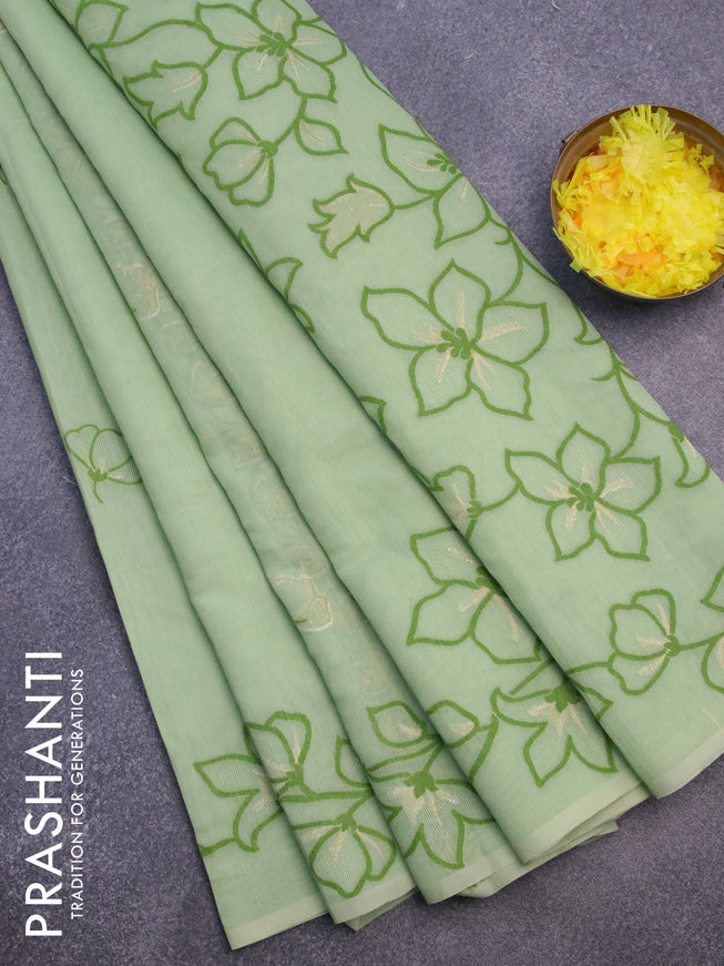 Munga cotton saree pista green with thread & zari woven floral buttas and floral design thread woven border