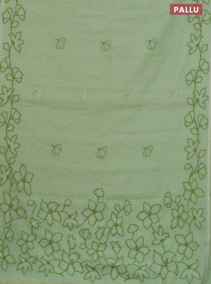 Munga cotton saree pista green with thread & zari woven floral buttas and floral design thread woven border