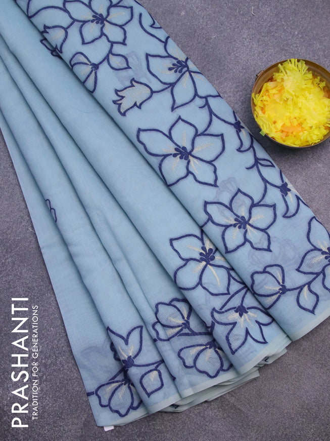 Munga cotton saree pastel blue shade with thread & zari woven floral buttas and floral design thread woven border