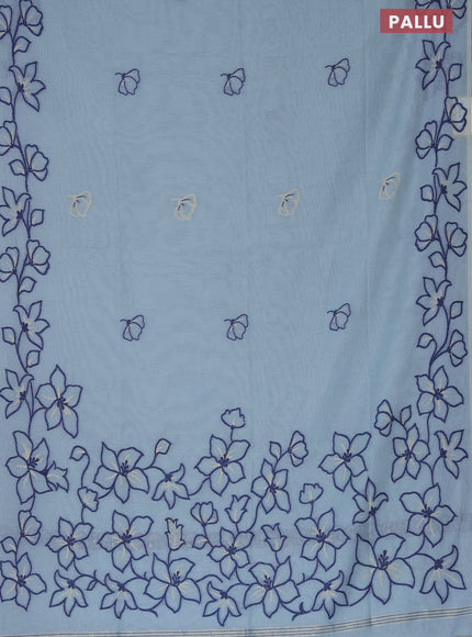 Munga cotton saree pastel blue shade with thread & zari woven floral buttas and floral design thread woven border