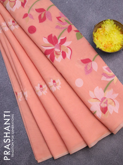 Munga cotton saree orange with thread & zari woven floral buttas in borderless style