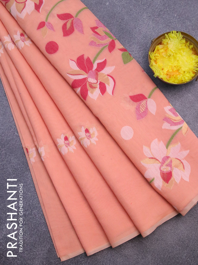 Munga cotton saree orange with thread & zari woven floral buttas in borderless style