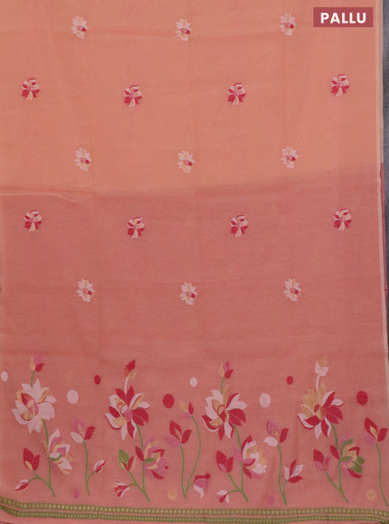 Munga cotton saree orange with thread & zari woven floral buttas in borderless style