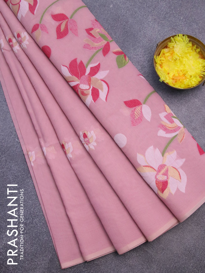 Munga cotton saree pastel pink with thread & zari woven floral buttas in borderless style