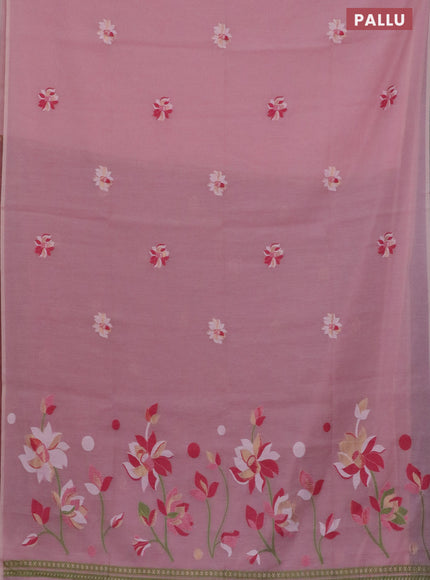 Munga cotton saree pastel pink with thread & zari woven floral buttas in borderless style