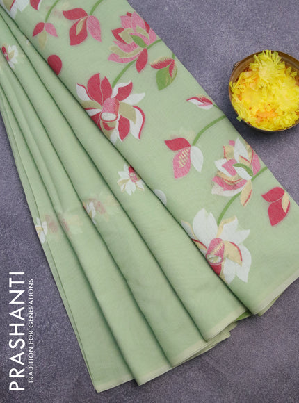 Munga cotton saree pista green with thread & zari woven floral buttas in borderless style