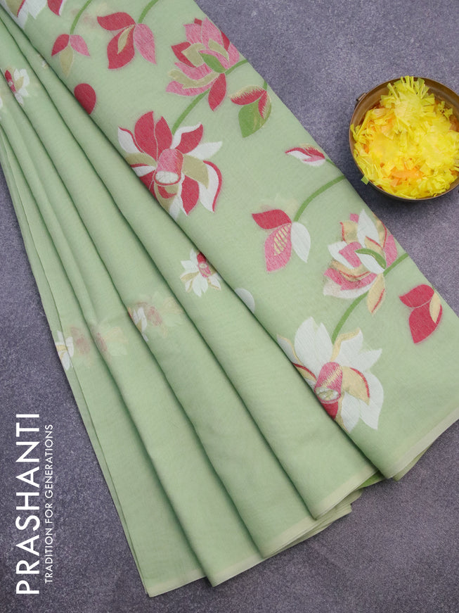 Munga cotton saree pista green with thread & zari woven floral buttas in borderless style