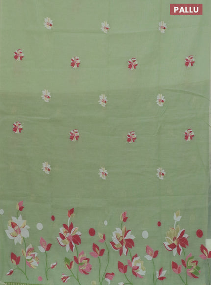 Munga cotton saree pista green with thread & zari woven floral buttas in borderless style