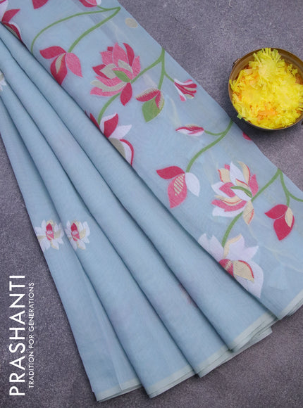 Munga cotton saree pastel blue shade with thread & zari woven floral buttas in borderless style