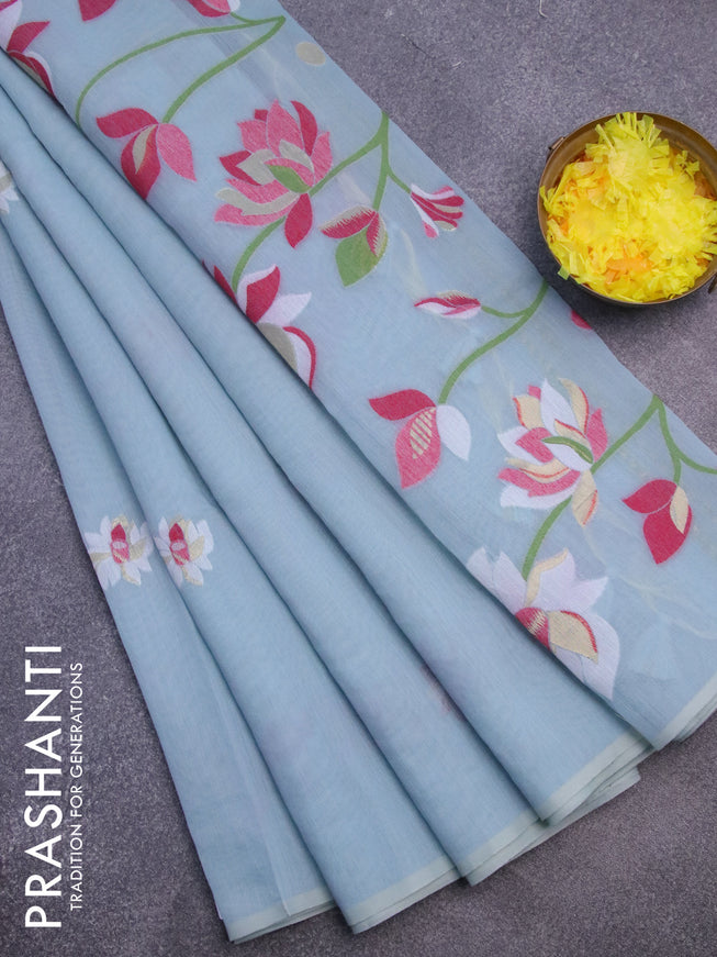 Munga cotton saree pastel blue shade with thread & zari woven floral buttas in borderless style