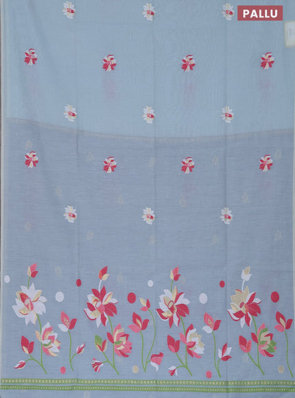 Munga cotton saree pastel blue shade with thread & zari woven floral buttas in borderless style