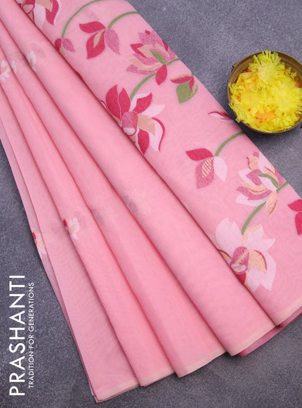 Munga cotton saree peach pink with thread & zari woven floral buttas in borderless style