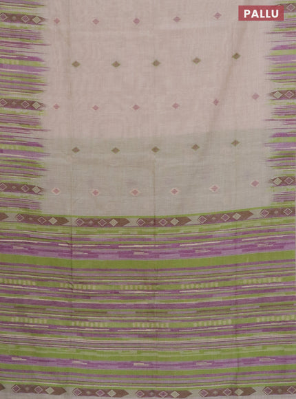 Munga cotton saree beige and light green with thread & zari woven geometric buttas and thread woven border