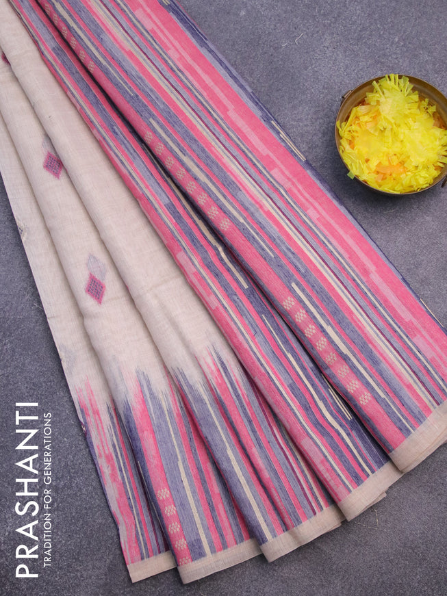 Munga cotton saree beige and pink with thread & zari woven geometric buttas and thread woven border