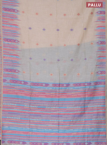 Munga cotton saree beige and light blue with thread & zari woven geometric buttas and thread woven border