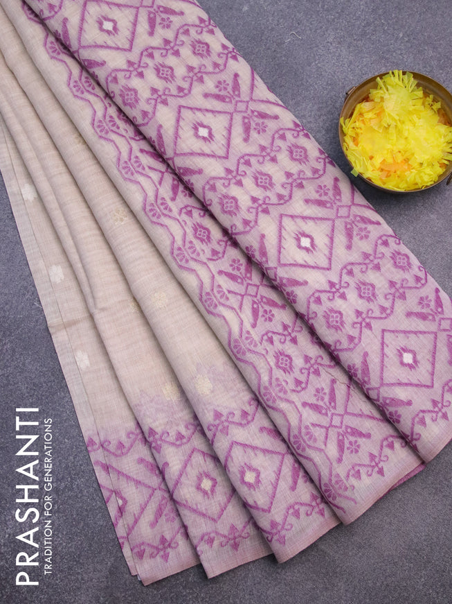 Munga cotton saree beige and purple with thread & zari woven floral buttas and thread woven border