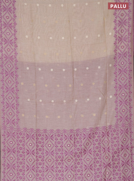 Munga cotton saree beige and purple with thread & zari woven floral buttas and thread woven border