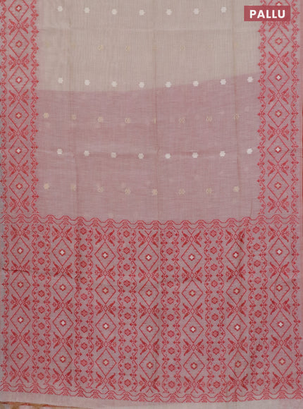 Munga cotton saree beige and red with thread & zari woven floral buttas and thread woven border