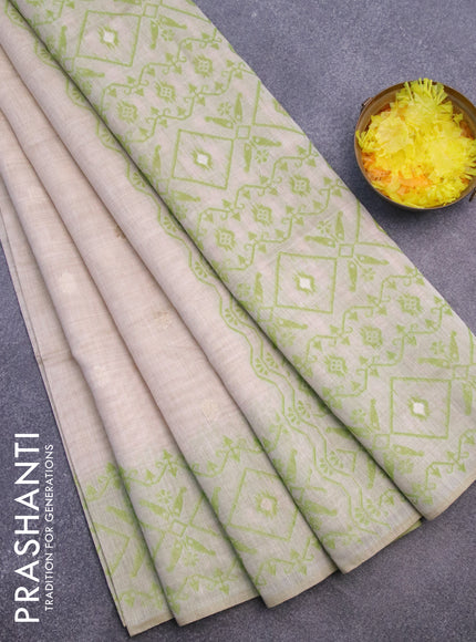 Munga cotton saree beige and light green with thread & zari woven floral buttas and thread woven border