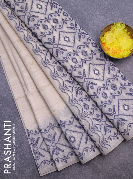 Munga cotton saree beige and navy blue with thread & zari woven floral buttas and thread woven border