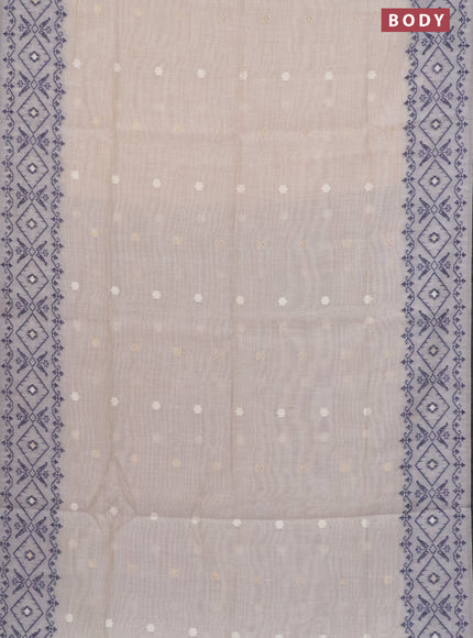 Munga cotton saree beige and navy blue with thread & zari woven floral buttas and thread woven border