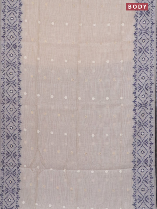 Munga cotton saree beige and navy blue with thread & zari woven floral buttas and thread woven border