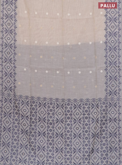 Munga cotton saree beige and navy blue with thread & zari woven floral buttas and thread woven border