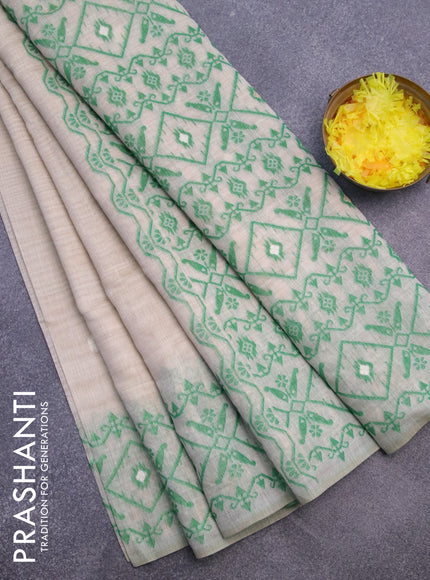 Munga cotton saree beige and green with thread & zari woven floral buttas and thread woven border